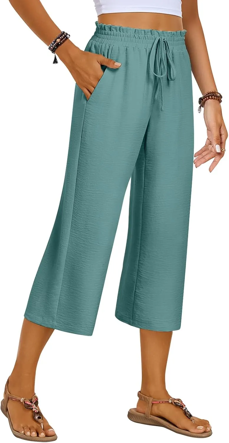 Kikula Women's Capri Pants Loose Wide Leg Trousers High Waisted Drawstring Lounge Pants with Pockets Comfy Palazzo Pants