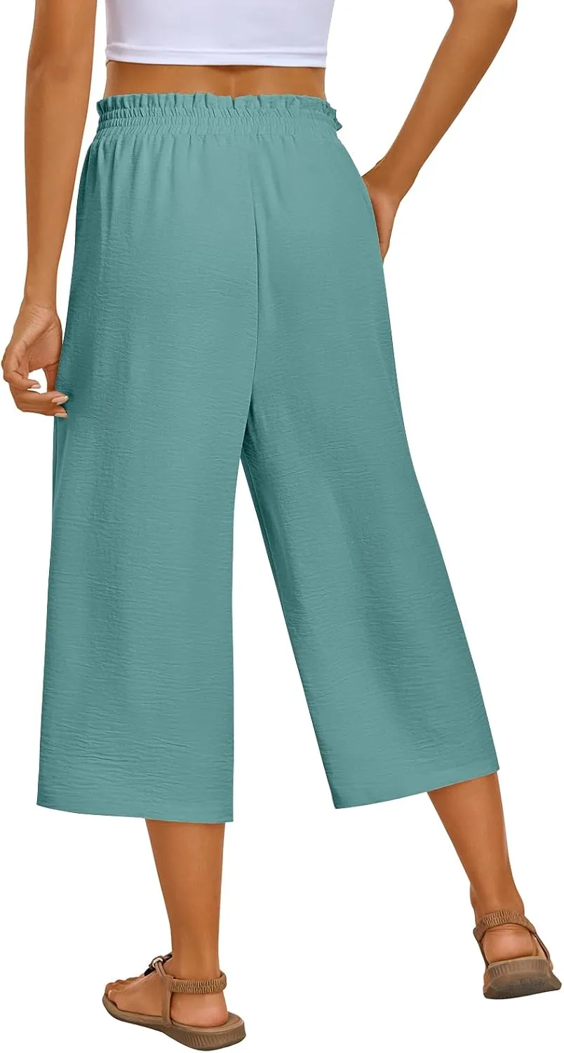 Kikula Women's Capri Pants Loose Wide Leg Trousers High Waisted Drawstring Lounge Pants with Pockets Comfy Palazzo Pants