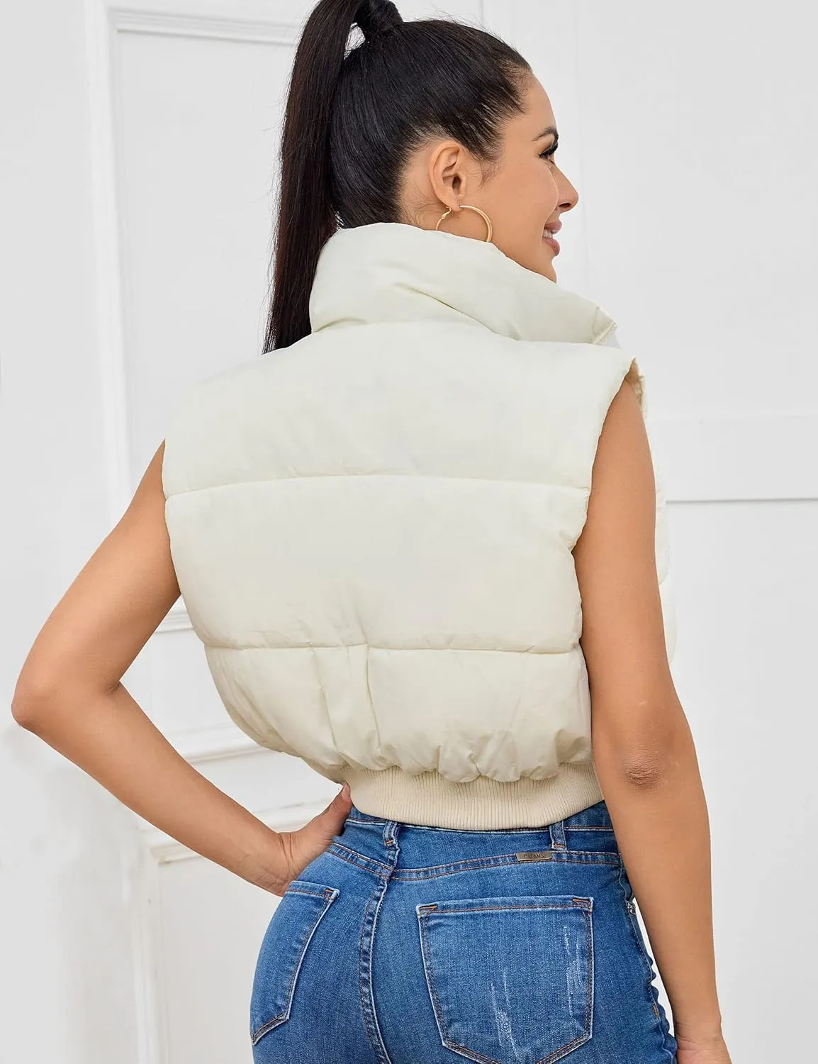 Kissonic Women's Padded Down Vest Puffer Stand Collar Zip Up Crop Sleeveless Jacket