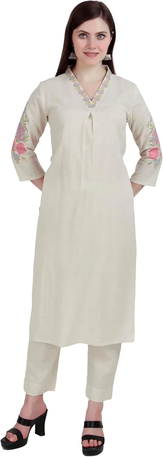 ladyline Women's 2-Piece Cotton Kurta Pants Set | Embroidered | Ethnic Traditional Kurti Tunic Set | Salwar Kameez Suit