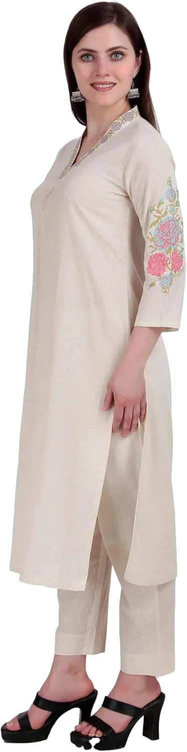 ladyline Women's 2-Piece Cotton Kurta Pants Set | Embroidered | Ethnic Traditional Kurti Tunic Set | Salwar Kameez Suit