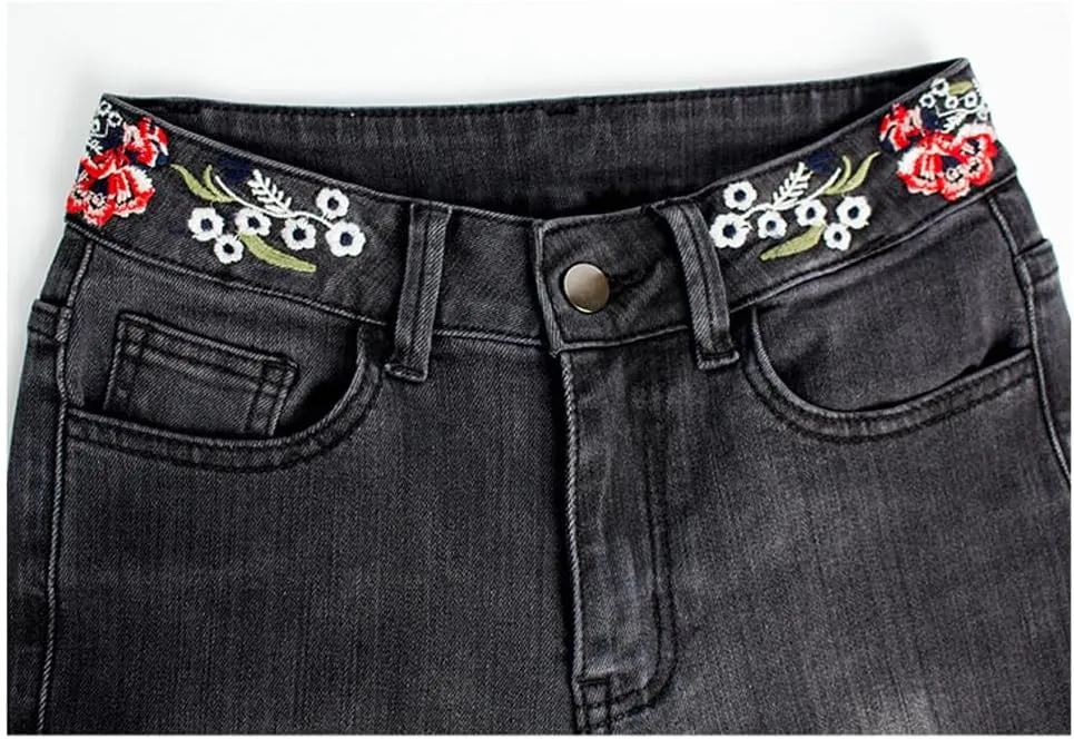 LAFOURAM Bell Bottom Jeans for Women High Waist Flared Wide Leg Floral Embroidered Denim Pants