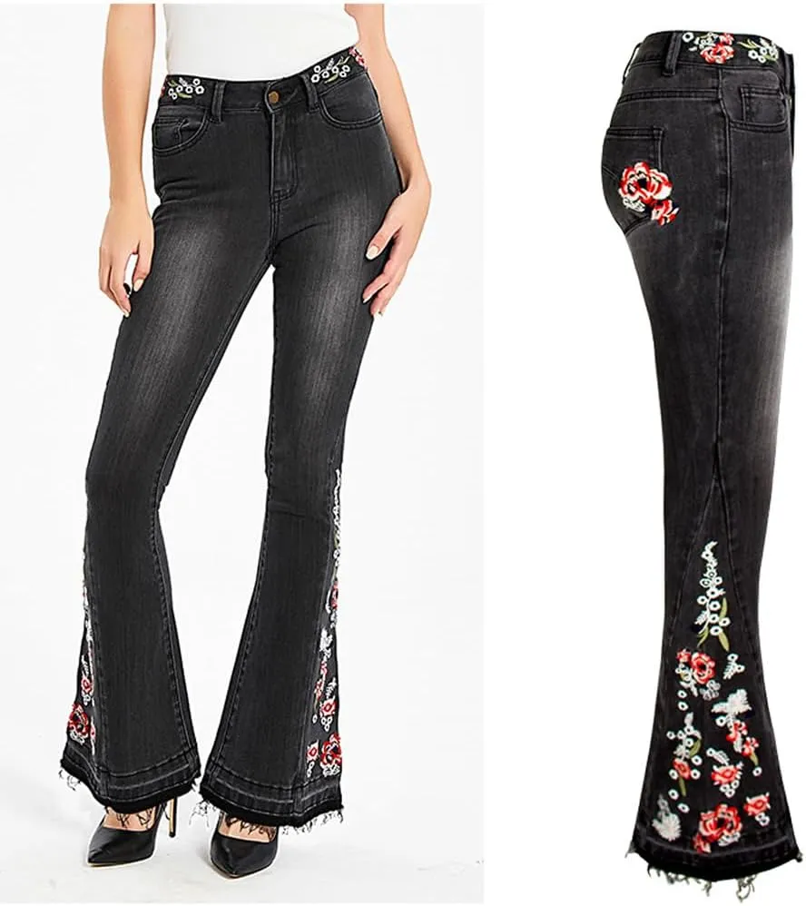 LAFOURAM Bell Bottom Jeans for Women High Waist Flared Wide Leg Floral Embroidered Denim Pants