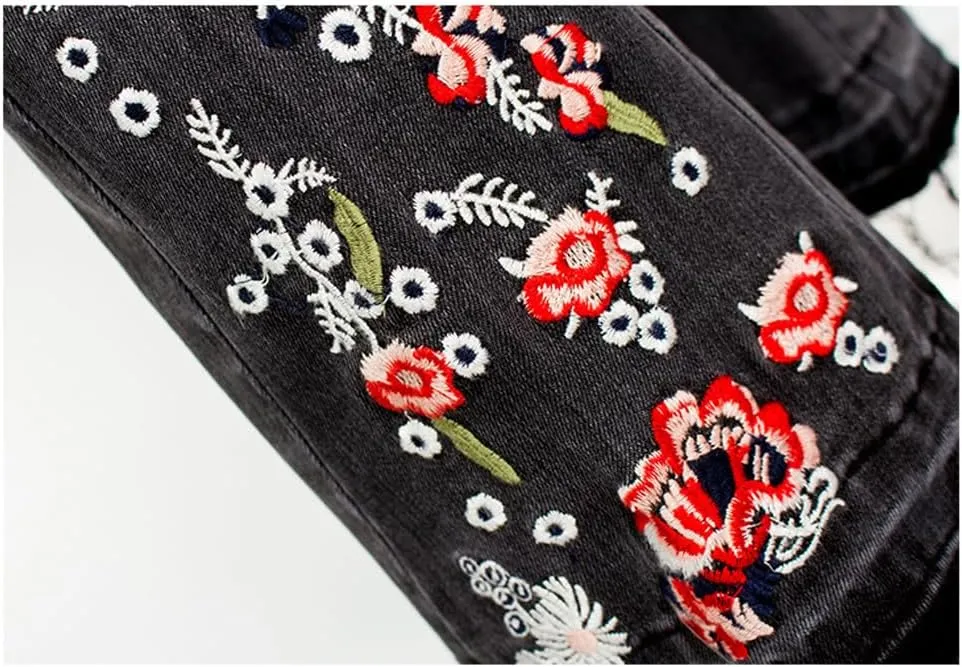 LAFOURAM Bell Bottom Jeans for Women High Waist Flared Wide Leg Floral Embroidered Denim Pants