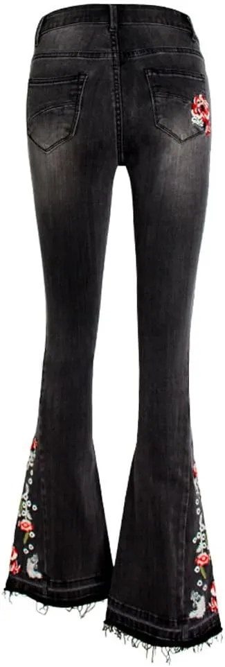LAFOURAM Bell Bottom Jeans for Women High Waist Flared Wide Leg Floral Embroidered Denim Pants