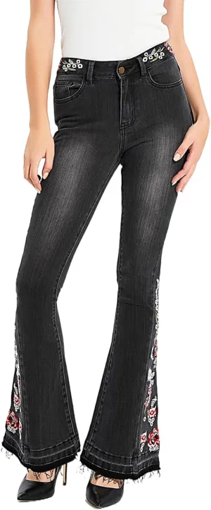 LAFOURAM Bell Bottom Jeans for Women High Waist Flared Wide Leg Floral Embroidered Denim Pants
