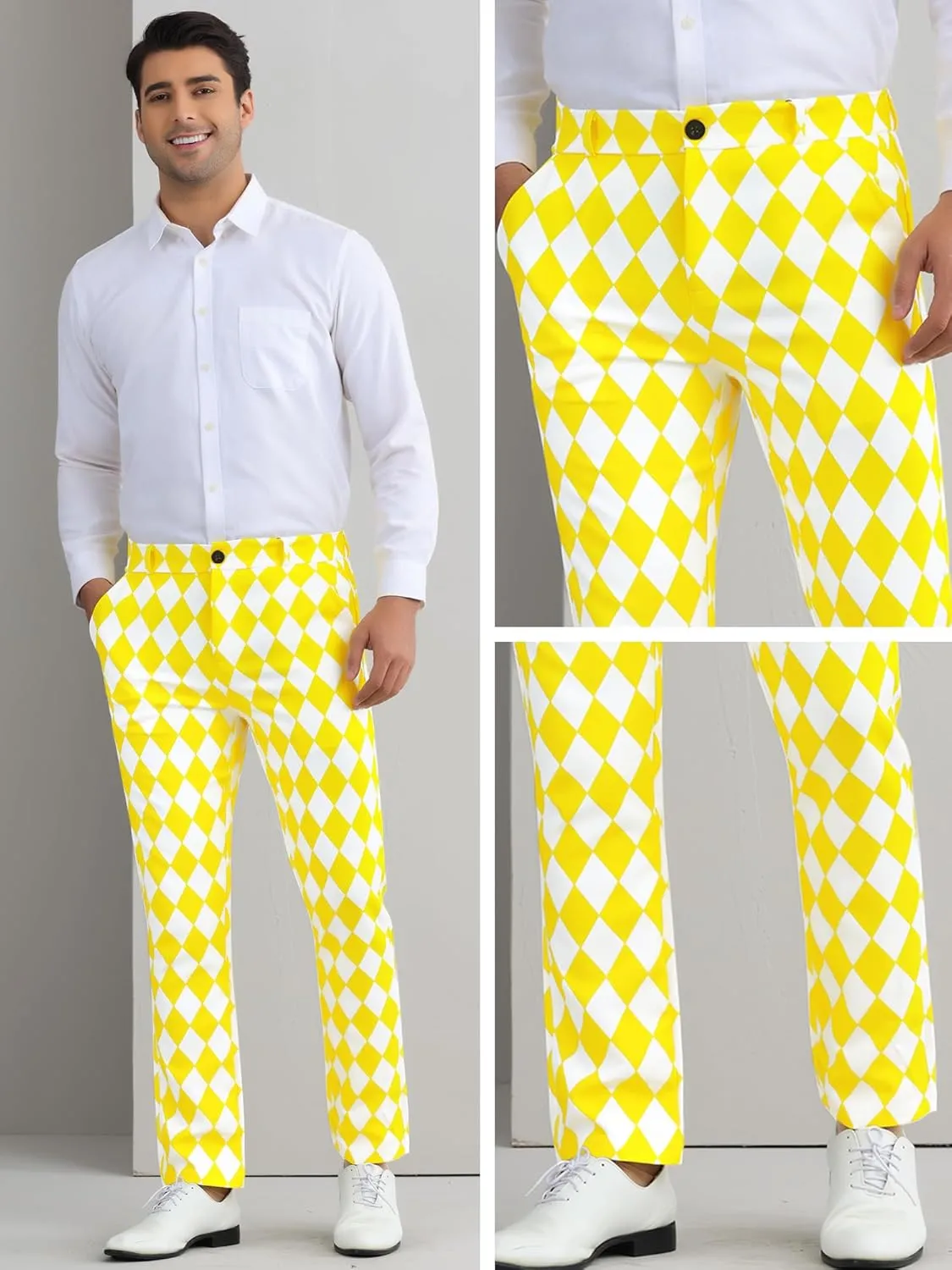 Lars Amadeus Argyle Pattern Pants for Men's Regular Fit Flat Front Party Prom Dress Trousers