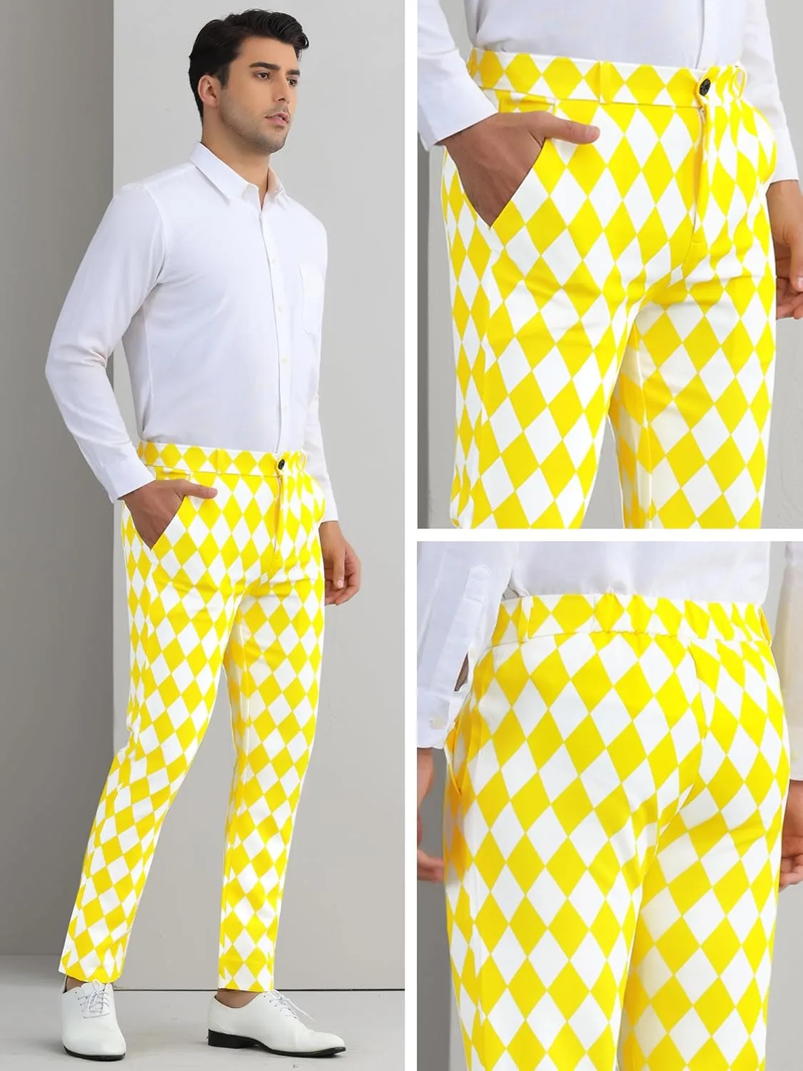 Lars Amadeus Argyle Pattern Pants for Men's Regular Fit Flat Front Party Prom Dress Trousers