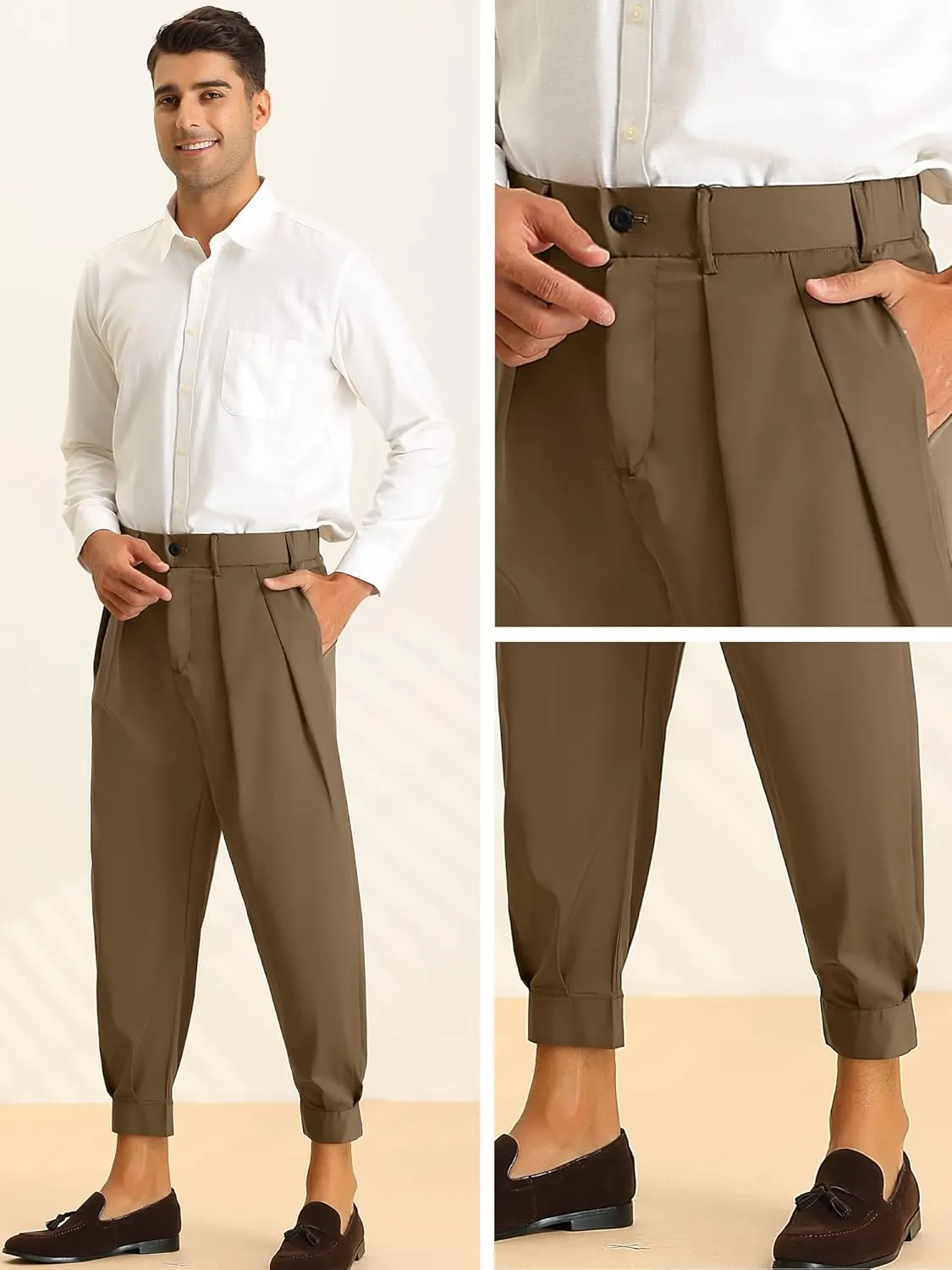 Lars Amadeus Cropped Formal Pants for Men's Solid Color Double Pleated Tapered Dress Pants