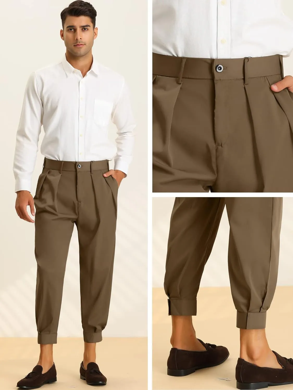 Lars Amadeus Cropped Formal Pants for Men's Solid Color Double Pleated Tapered Dress Pants