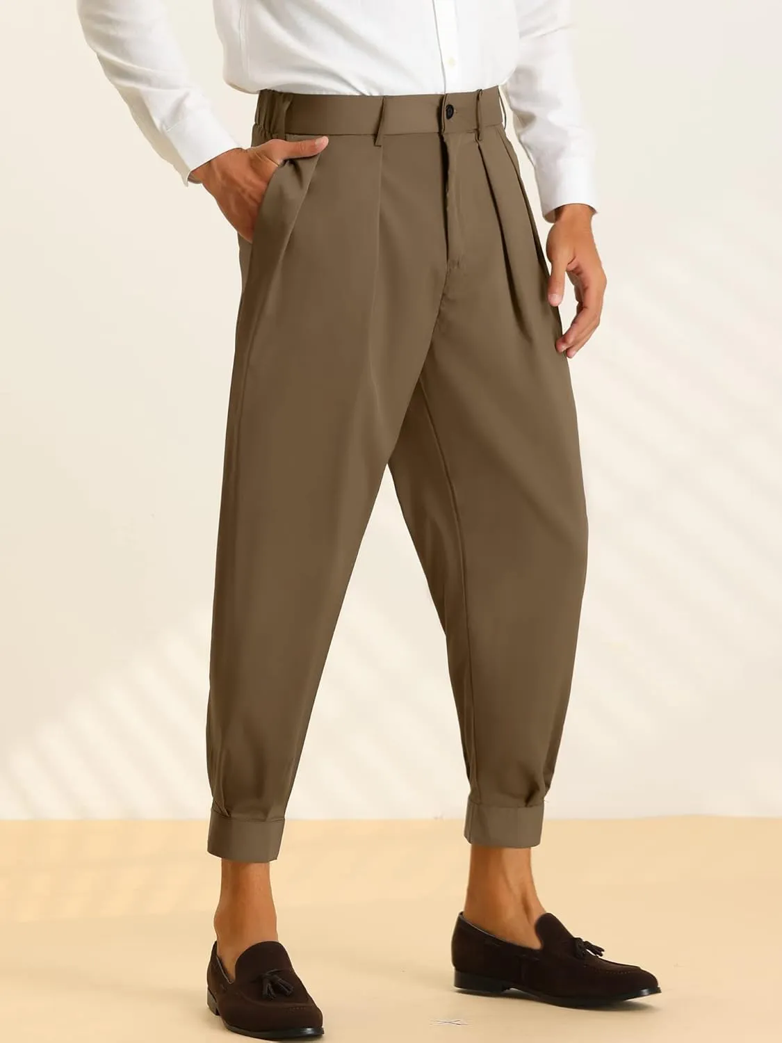 Lars Amadeus Cropped Formal Pants for Men's Solid Color Double Pleated Tapered Dress Pants