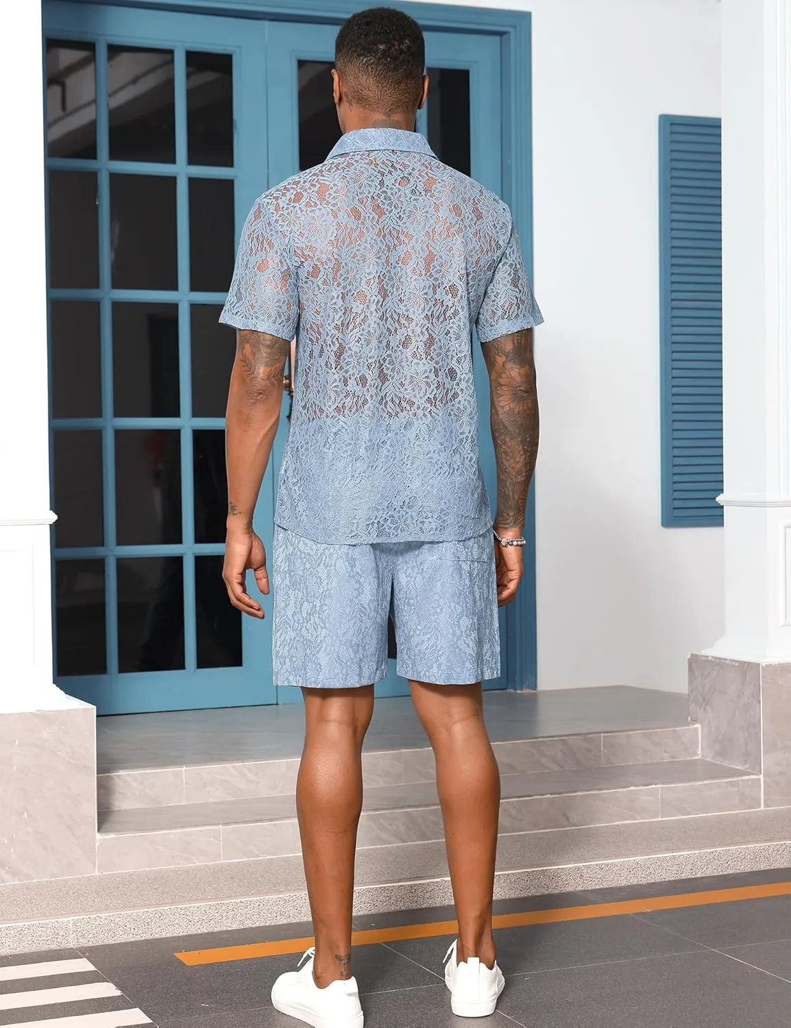 LecGee Men Summer Casual Short Sets Lace Short Sleeve Button Down Shirt Elastic Waist Shorts 2 Piece Outfits Tracksuit