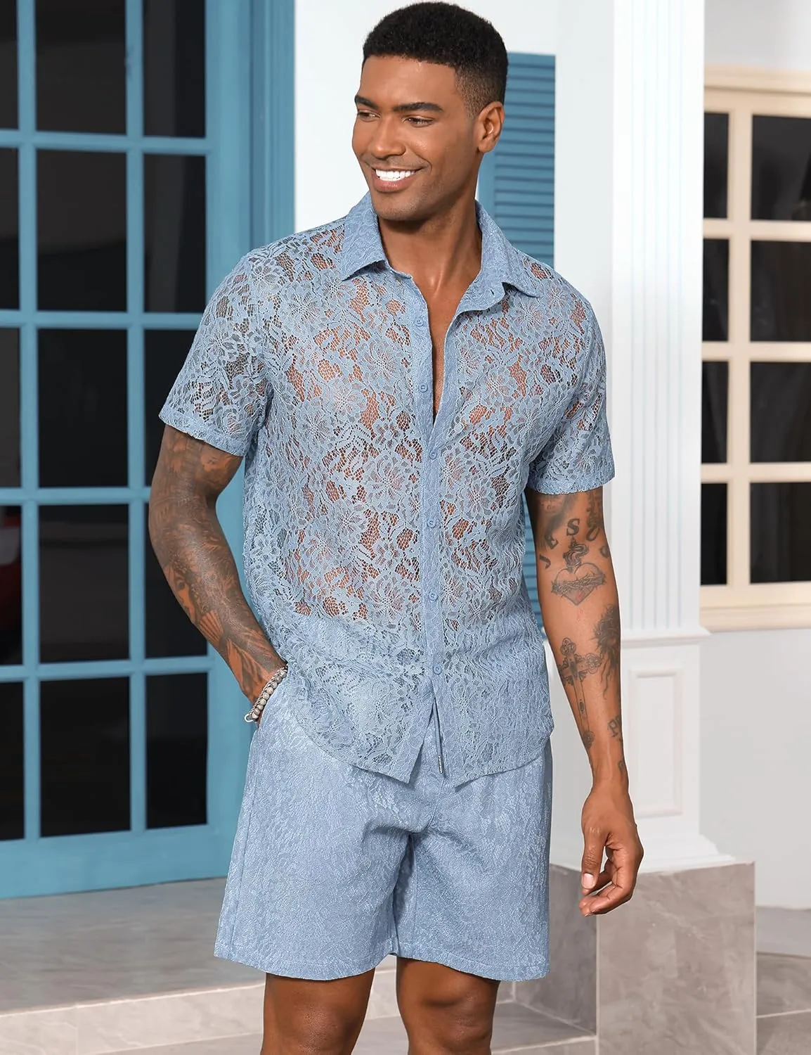 LecGee Men Summer Casual Short Sets Lace Short Sleeve Button Down Shirt Elastic Waist Shorts 2 Piece Outfits Tracksuit