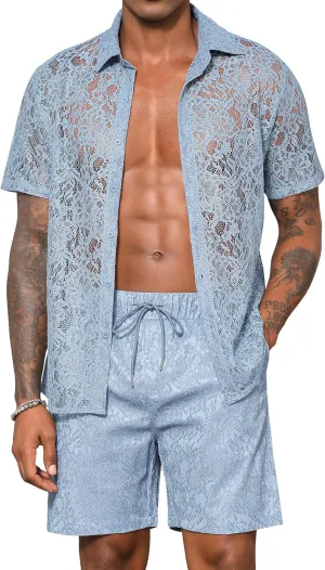 LecGee Men Summer Casual Short Sets Lace Short Sleeve Button Down Shirt Elastic Waist Shorts 2 Piece Outfits Tracksuit