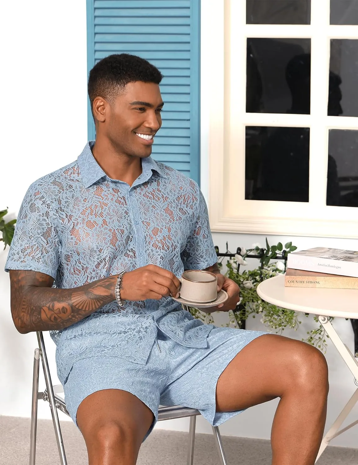 LecGee Men Summer Casual Short Sets Lace Short Sleeve Button Down Shirt Elastic Waist Shorts 2 Piece Outfits Tracksuit