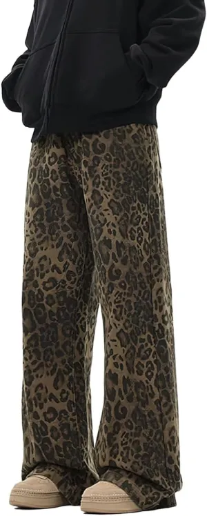 Leopard Print Jeans Cheetah Print Pants Y2k Baggy Jeans Wide-Leg Washed Y2k Pants High Waisted Cargo Pants