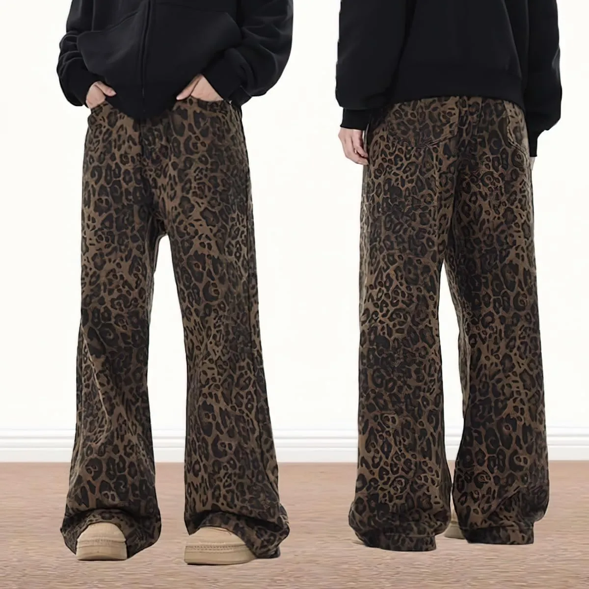 Leopard Print Jeans Cheetah Print Pants Y2k Baggy Jeans Wide-Leg Washed Y2k Pants High Waisted Cargo Pants