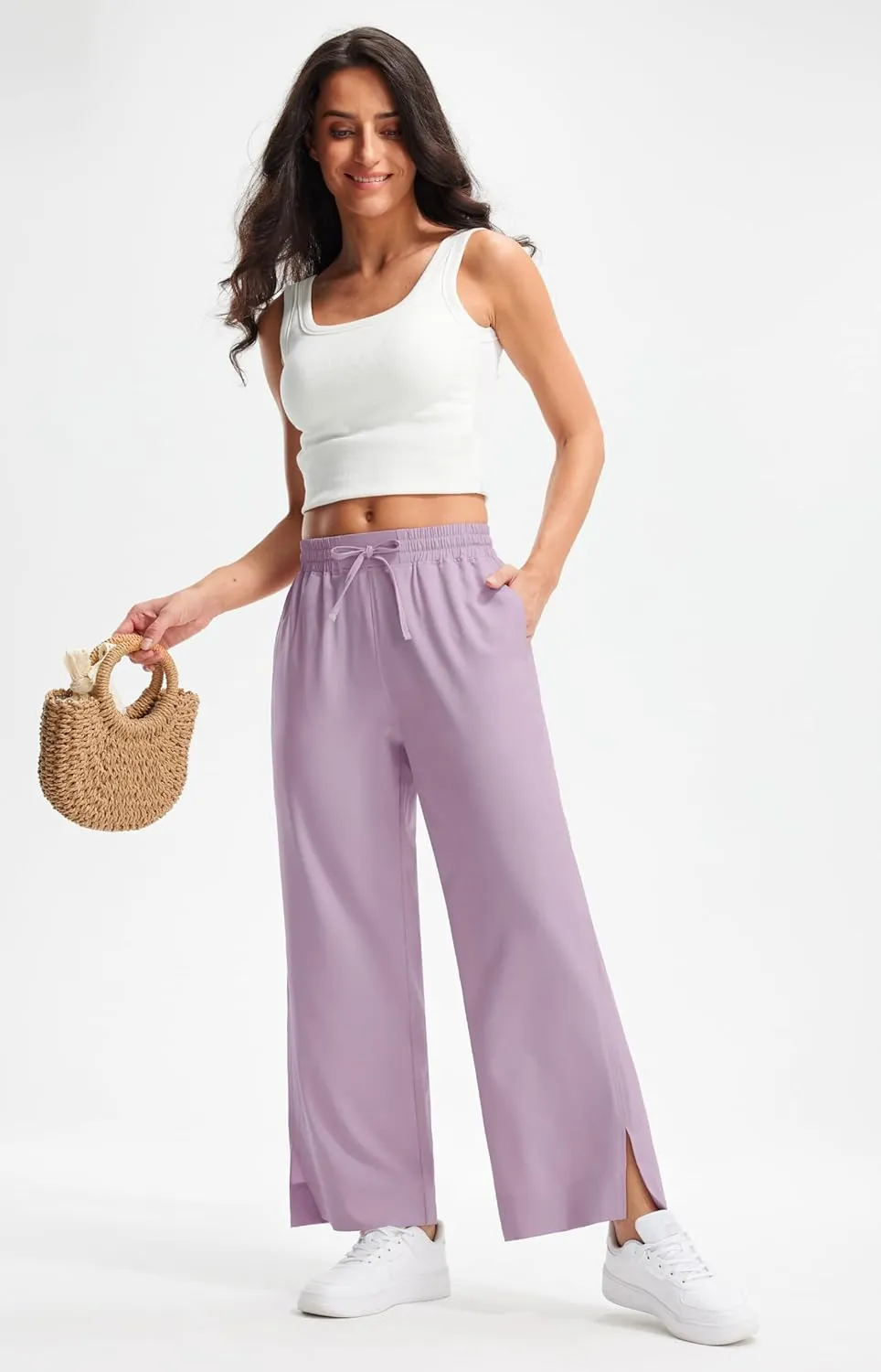 Libin Women's Lightweight Wide Leg Pants 27"/29" High Waisted Casual Work Pants Lounge Flowy Trousers with Pockets