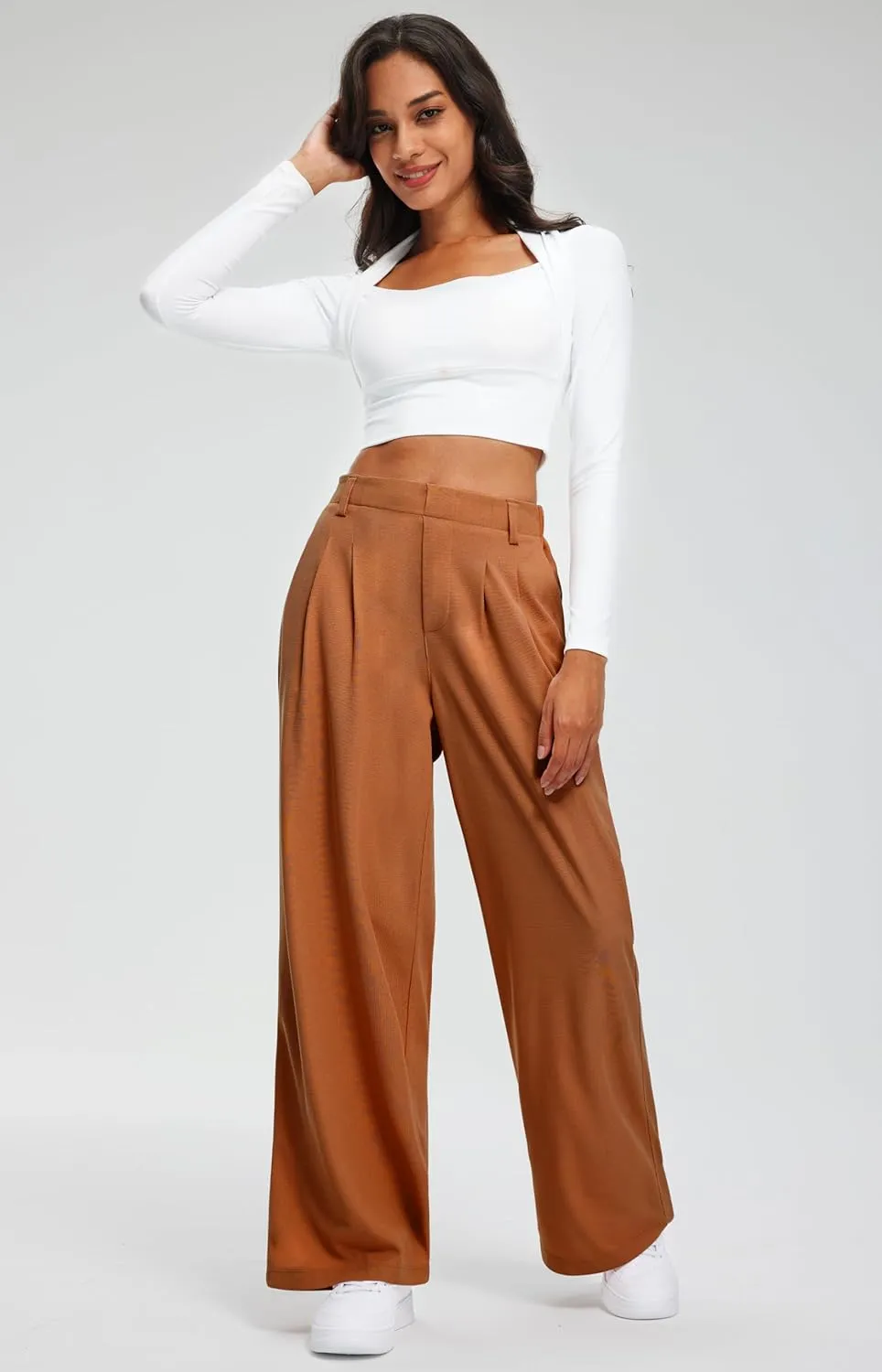 Libin Women's Wide Leg Pants 27"/29" High Waisted Waffle Knit Casual Slacks Work Pants Business Palazzo Trousers with Pockets