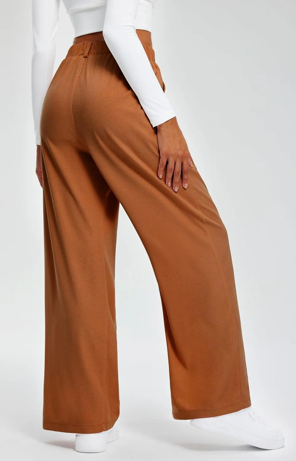 Libin Women's Wide Leg Pants 27"/29" High Waisted Waffle Knit Casual Slacks Work Pants Business Palazzo Trousers with Pockets