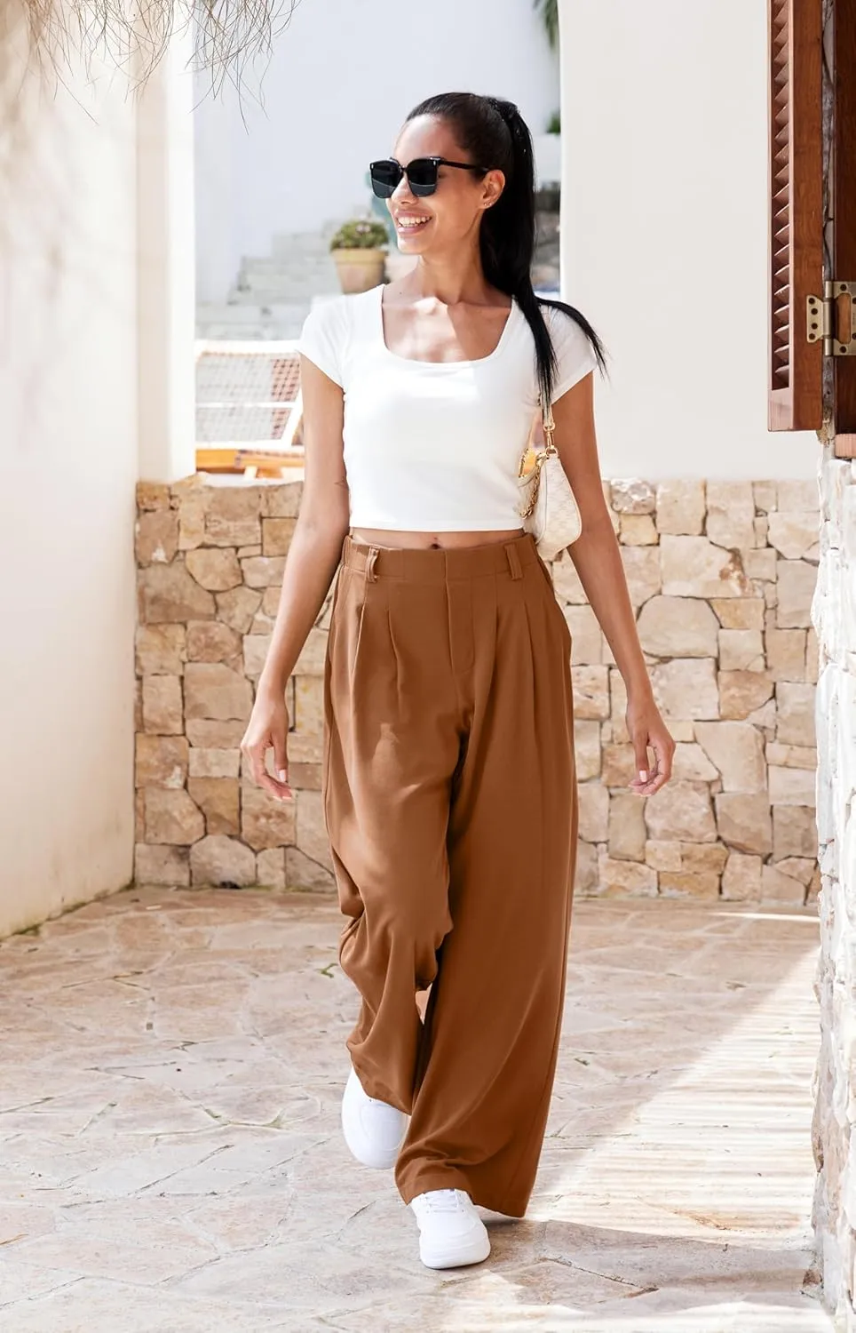 Libin Women's Wide Leg Pants 27"/29" High Waisted Waffle Knit Casual Slacks Work Pants Business Palazzo Trousers with Pockets