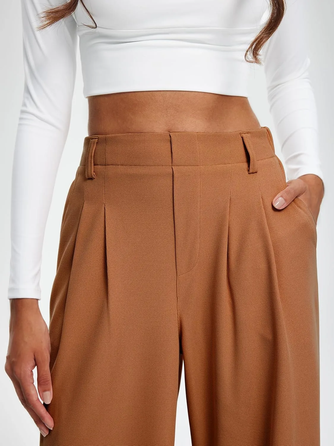 Libin Women's Wide Leg Pants 27"/29" High Waisted Waffle Knit Casual Slacks Work Pants Business Palazzo Trousers with Pockets