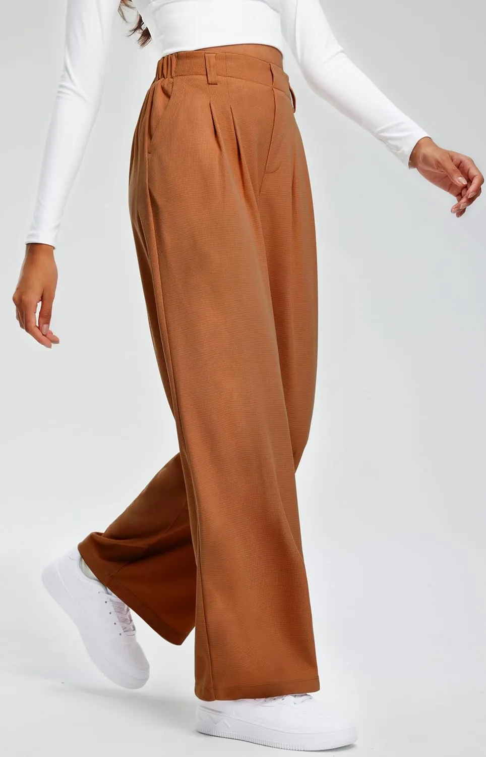 Libin Women's Wide Leg Pants 27"/29" High Waisted Waffle Knit Casual Slacks Work Pants Business Palazzo Trousers with Pockets