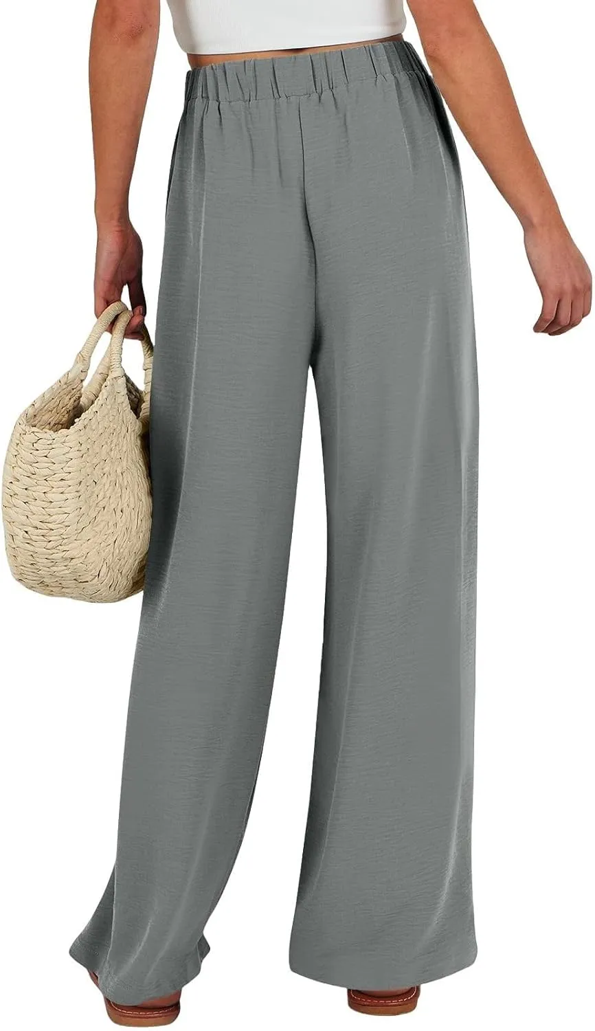 Linen Pants for Women 2025 Summer High Waisted Wide Leg Palazzo with Pockets Casual Loose Fit Flowy Beach Trousers