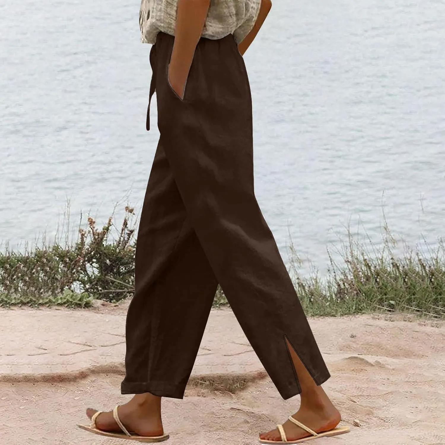 Linen Pants Women Drawstring Elastic High Waisted Bottom Side Split Lounge Pants with Pockets Summer Casual Beach Pants