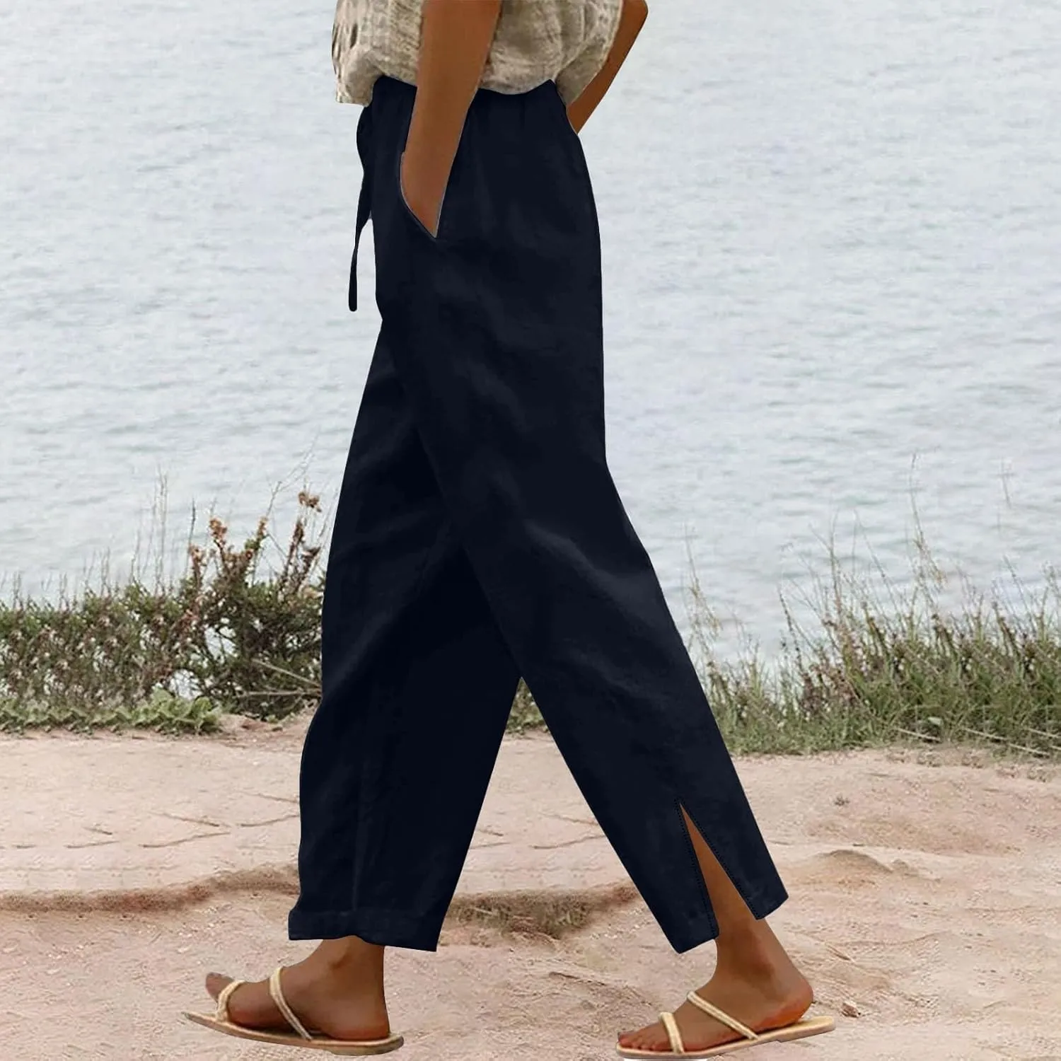 Linen Pants Women Drawstring Elastic High Waisted Bottom Side Split Lounge Pants with Pockets Summer Casual Beach Pants