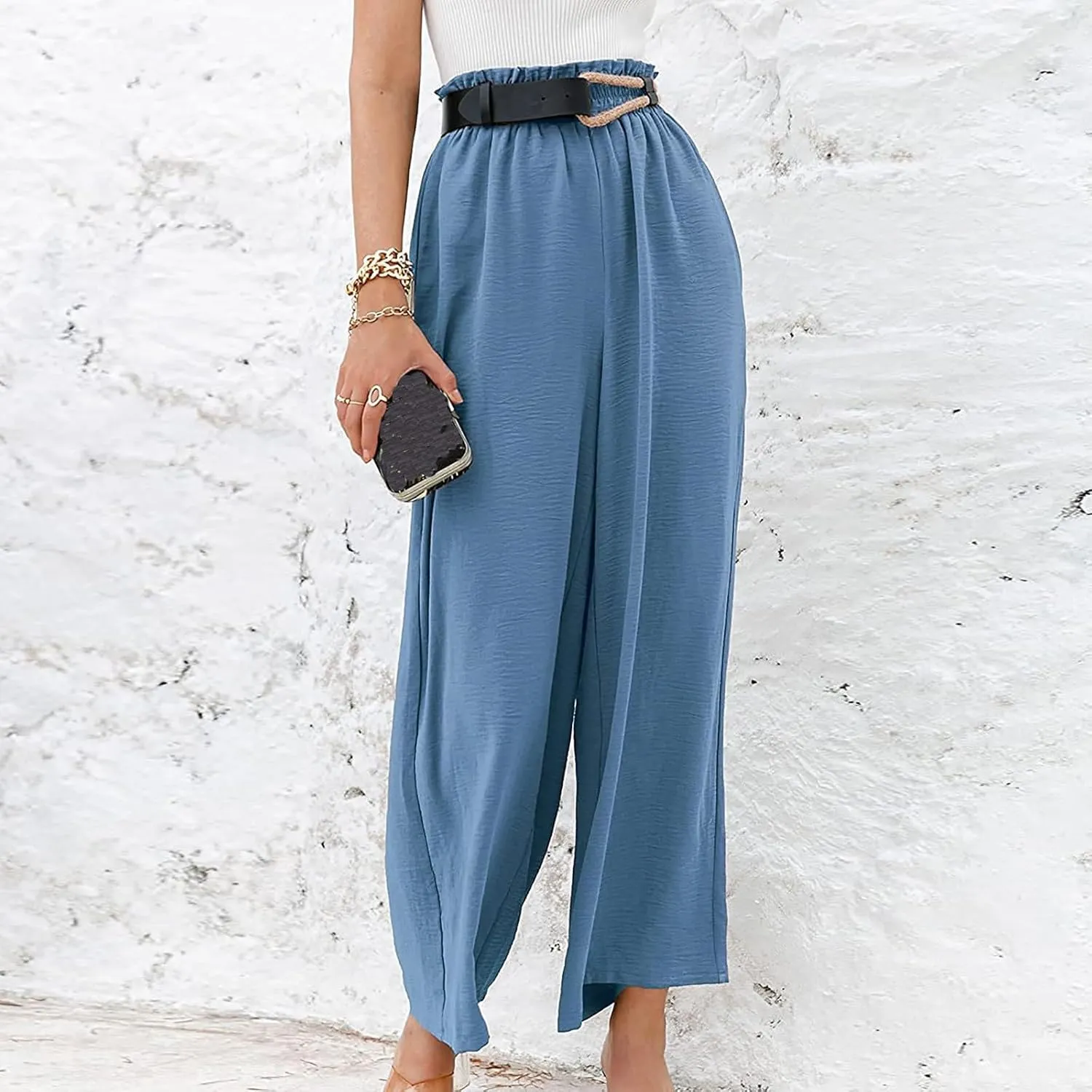 Linen Pants Women Dressy Embroiderd Wide Leg Cropped Trousers Summer High Waist Casual Palazzo Lounge Beach Wear