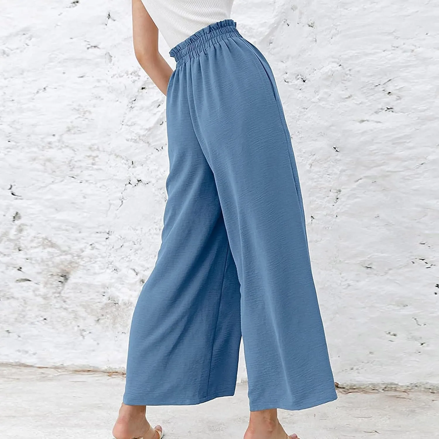 Linen Pants Women Dressy Embroiderd Wide Leg Cropped Trousers Summer High Waist Casual Palazzo Lounge Beach Wear
