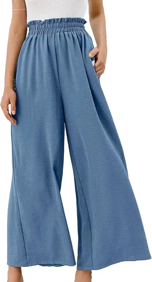 Linen Pants Women Dressy Embroiderd Wide Leg Cropped Trousers Summer High Waist Casual Palazzo Lounge Beach Wear