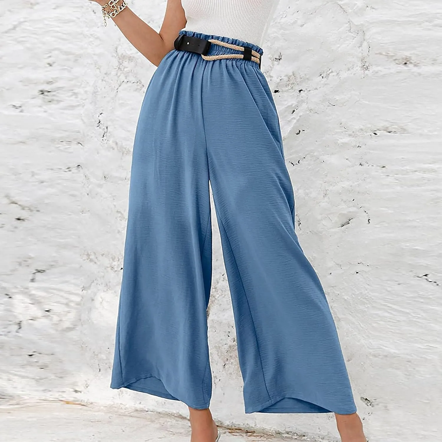 Linen Pants Women Dressy Embroiderd Wide Leg Cropped Trousers Summer High Waist Casual Palazzo Lounge Beach Wear