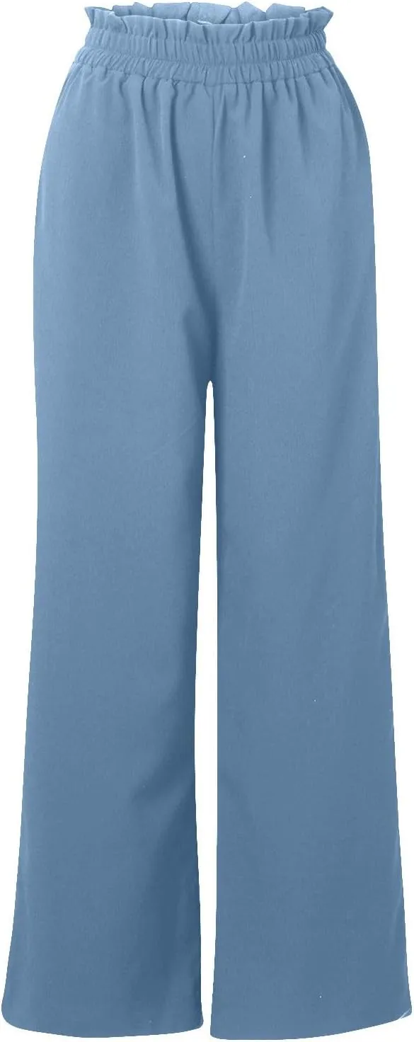 Linen Pants Women Dressy Embroiderd Wide Leg Cropped Trousers Summer High Waist Casual Palazzo Lounge Beach Wear