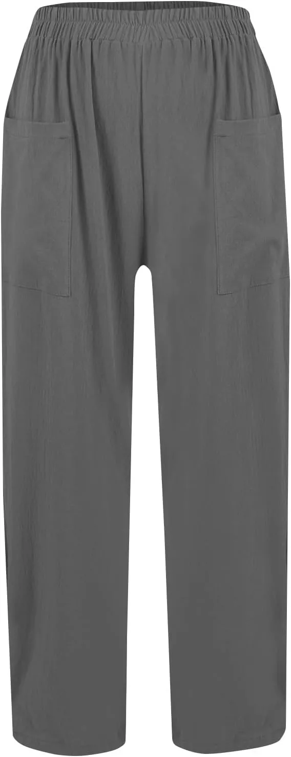 Linen Pants Women Elastic High Waisted Pull on Straight Leg Lounge Pants with Pockets Loose Fit Wide Leg Trouser
