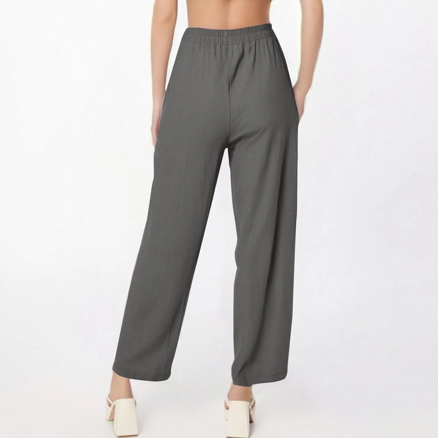 Linen Pants Women Elastic High Waisted Pull on Straight Leg Lounge Pants with Pockets Loose Fit Wide Leg Trouser