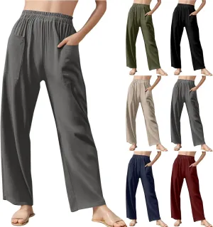 Linen Pants Women Elastic High Waisted Pull on Straight Leg Lounge Pants with Pockets Loose Fit Wide Leg Trouser