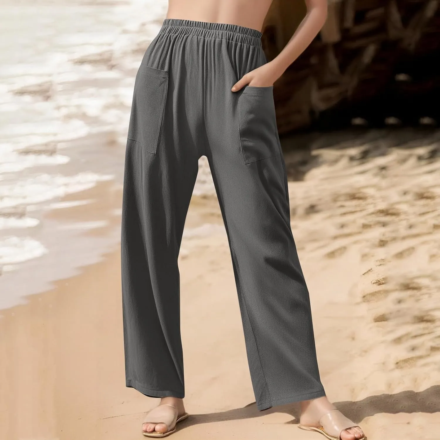 Linen Pants Women Elastic High Waisted Pull on Straight Leg Lounge Pants with Pockets Loose Fit Wide Leg Trouser