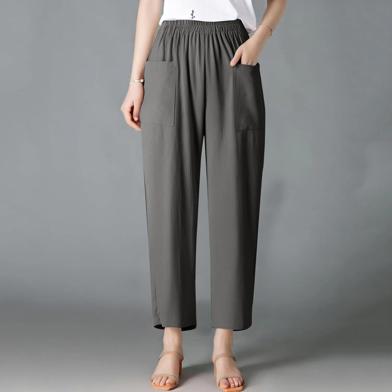 Linen Pants Women Elastic High Waisted Pull on Straight Leg Lounge Pants with Pockets Loose Fit Wide Leg Trouser