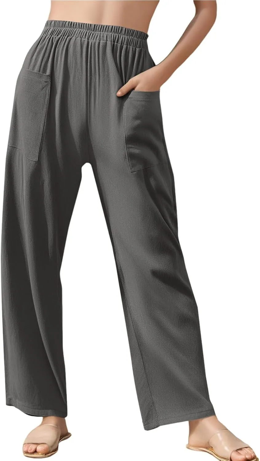 Linen Pants Women Elastic High Waisted Pull on Straight Leg Lounge Pants with Pockets Loose Fit Wide Leg Trouser