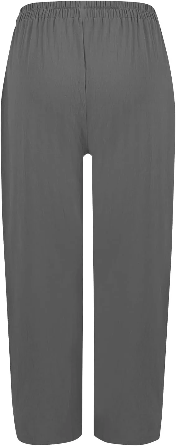 Linen Pants Women Elastic High Waisted Pull on Straight Leg Lounge Pants with Pockets Loose Fit Wide Leg Trouser