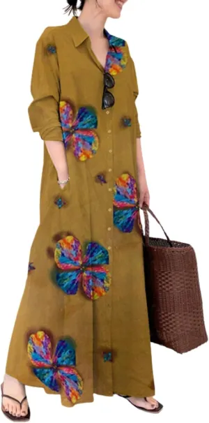 LOAIHA Women's Casual Button Down Cotton Linen Maxi Dress Long Sleeve Lapel Loose Plus Size Shirt Dresses with 2 Pockets