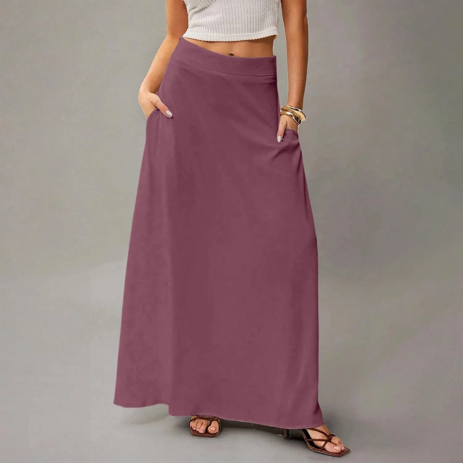 Long Skirts for Women Floral Boho High Waisted Maxi Skirts with Pockets Flowy Beach Vacation Casual A Line Skirt