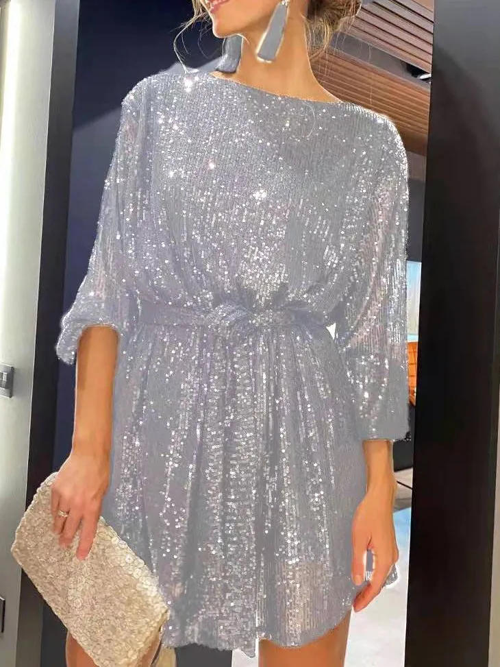 Long Sleeve Round Neck Belted Loose Sequin Mini Dress