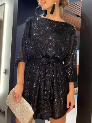Long Sleeve Round Neck Belted Loose Sequin Mini Dress