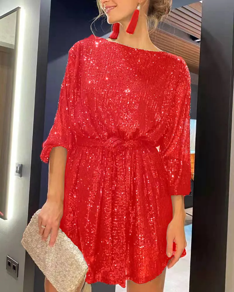 Long Sleeve Round Neck Belted Loose Sequin Mini Dress