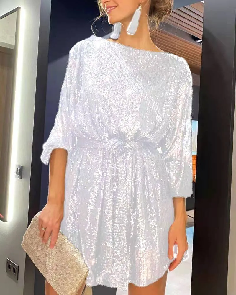 Long Sleeve Round Neck Belted Loose Sequin Mini Dress