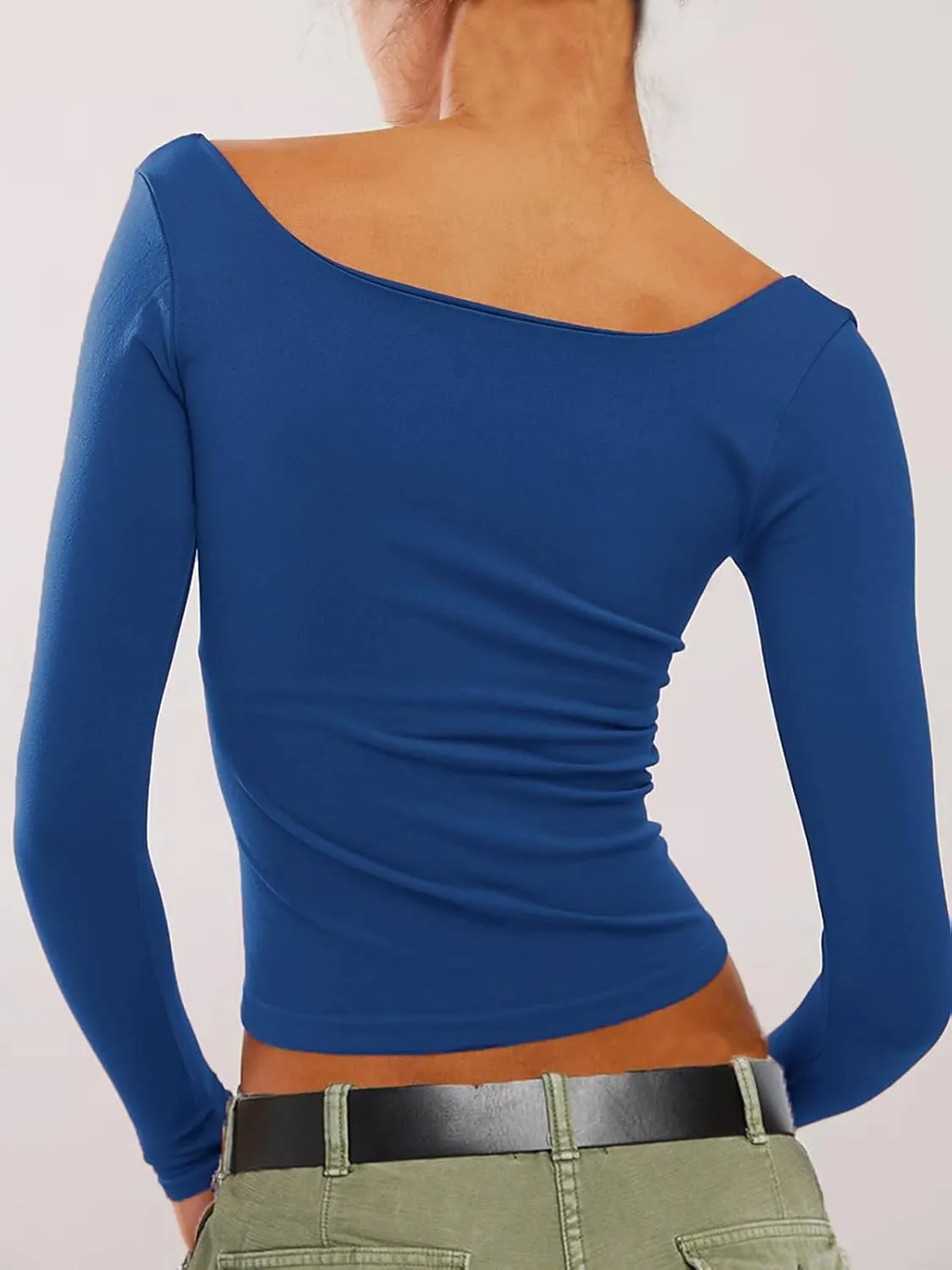 Long Sleeve T Shirt Women - Square Neck Going Out Tops Double Lined Tight Shirt Y2K Crop Top Slim Fit