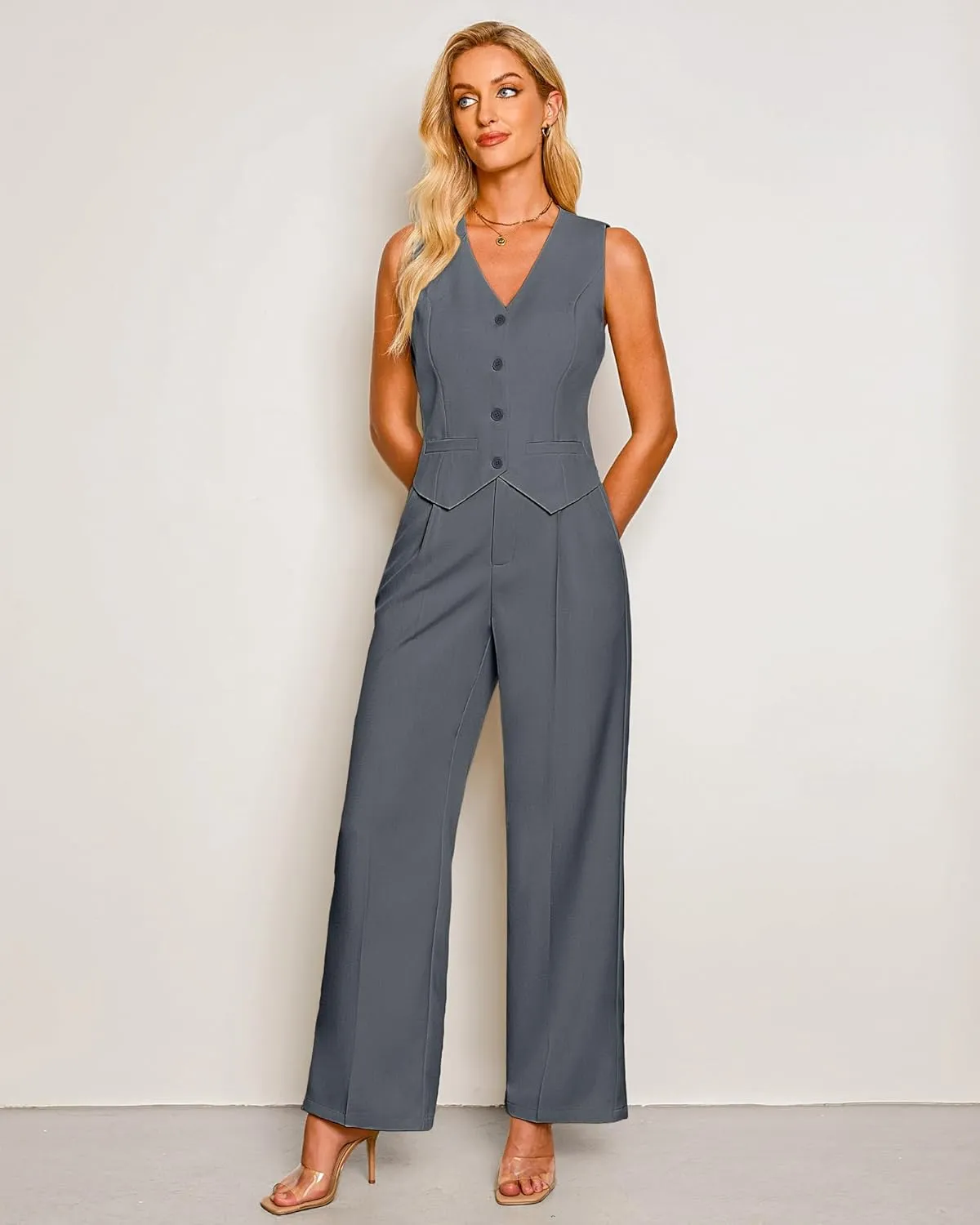 luvamia Pant Suits for Women Dressy Casual 2 Piece Sets Sleeveless Blazer Vest with High Rise Wide Leg Pants Work Office